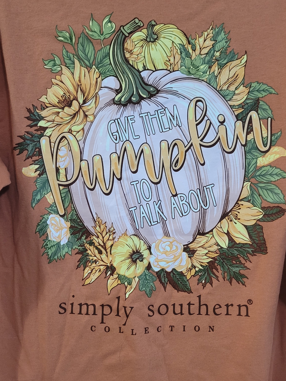 Simply Southern Rust Long Sleeve Tee with White Pumpkin & Yellow Floral Design